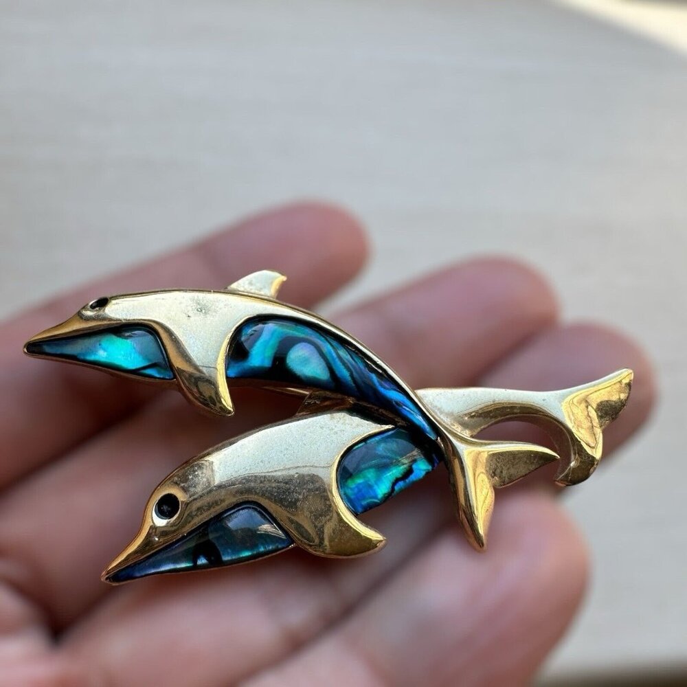 Vintage Royal Pacific Dolphin Brooch Pin 2.25 Inch MOP Shell Inlay Blue Gold